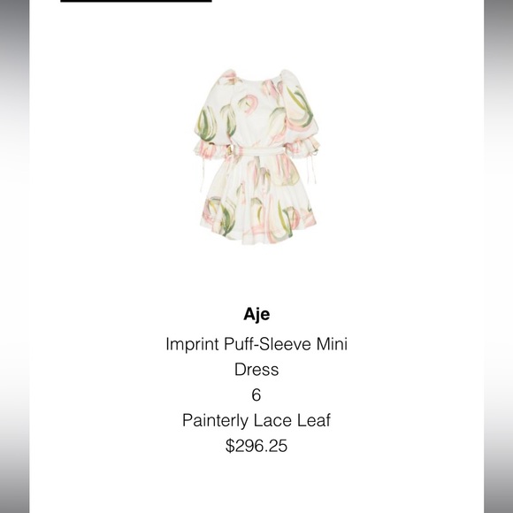 Aje Imprint Puff-Sleeve Mini Dress: Size 6 Painterly Lace Leaf - Picture 1 of 3
